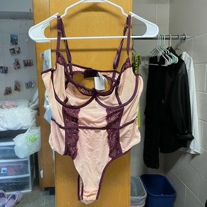 Maroon and beige lingerie bodysuit